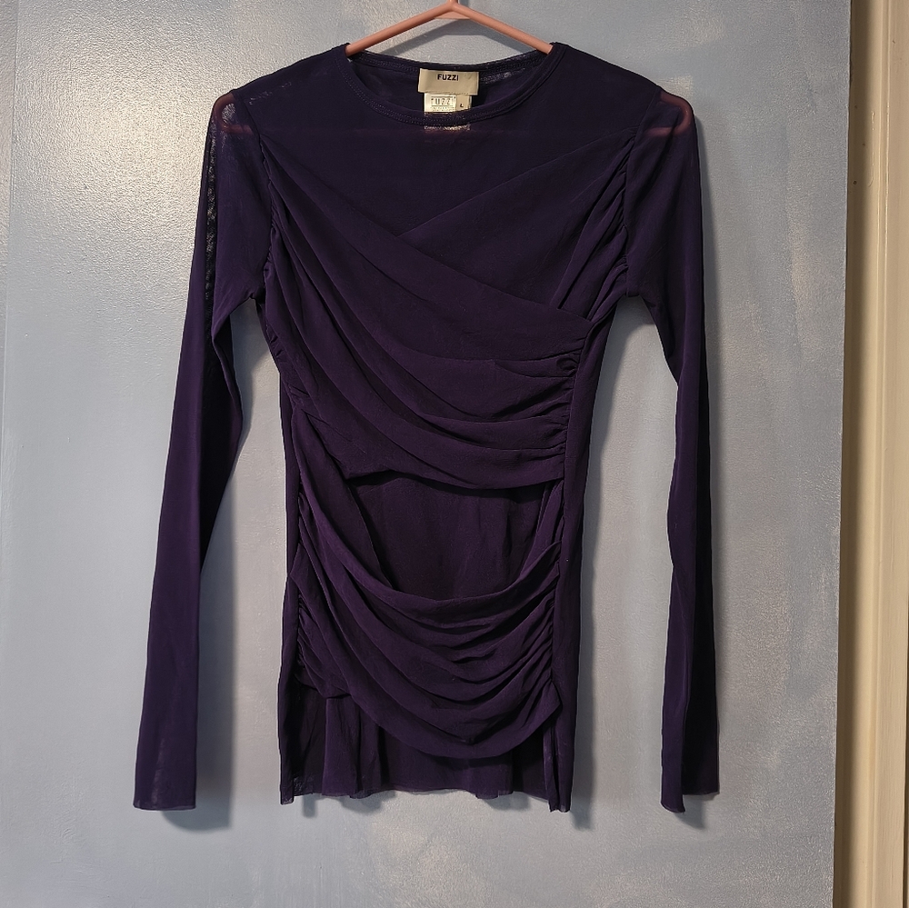 FUZZI Jean Paul Gaultier Purple Mesh Ruched Top L